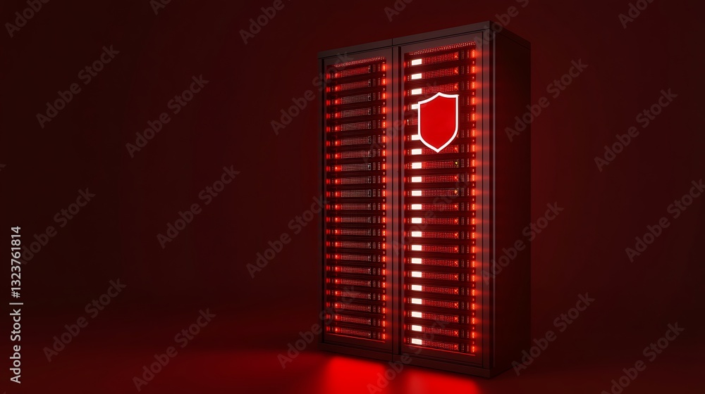 Aufkleber futuristic data center cabinet with red lights and security shield symbol for technology or cybersec