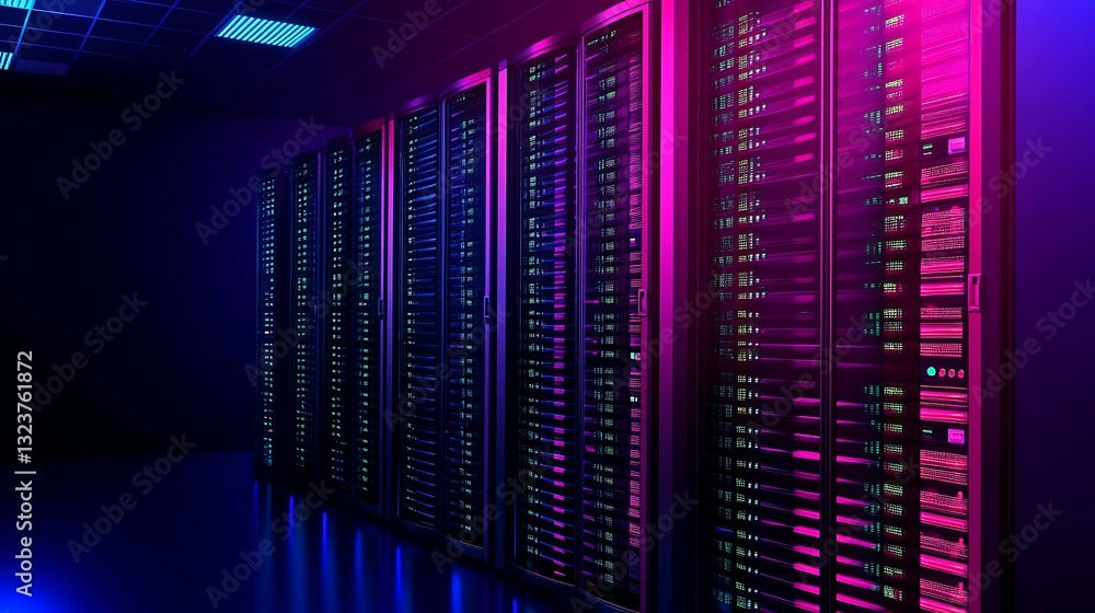 Poster futuristic data center server room with neon lighting and server racks in cyberpunk style