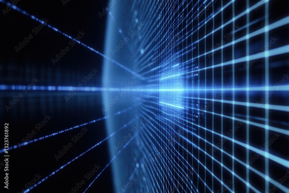 Poster futuristic grid with glowing nodes and holographic effects creates an innovative digital interface