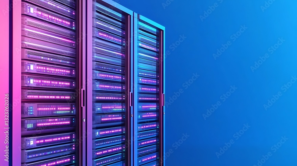 Poster futuristic data center with colorful server racks under soft neon lighting for technology background
