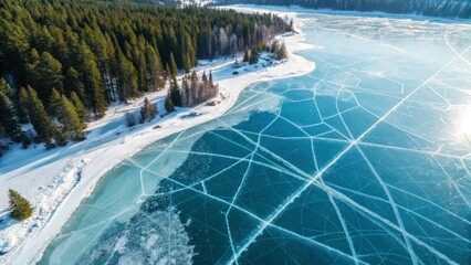 Fototapeta premium Frozen Lake with Cracked Ice Patterns A captivating top-view drone photo of a frozen lake, where the ice has formed intricate, geometric patterns.