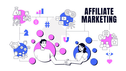 Affiliate marketing concept illustration. Target audience, customers. Sales, commerce. Social media. Text banner with flat vector characters, colorful line icons. Visual communication