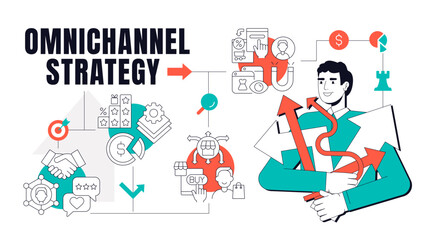 Fototapeta premium Omnichannel strategy concept illustration. Online consumer, customers magnet. Digital commerce, business. Text banner with flat vector character, colorful line icons. Visual communication