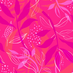  seamless pattern with pink leaves, fashionable colours.

