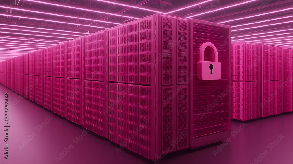 Poster futuristic data center with neon lights and security lock symbol representing cyber protection and t