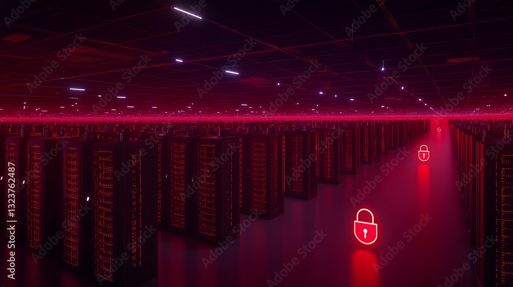 Poster futuristic data center with red lighting and secure lock symbols representing data protection and se