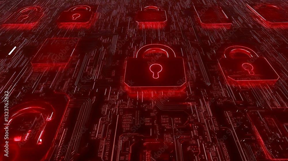 Poster futuristic digital abstract background with red locks illustrating security and technology concepts