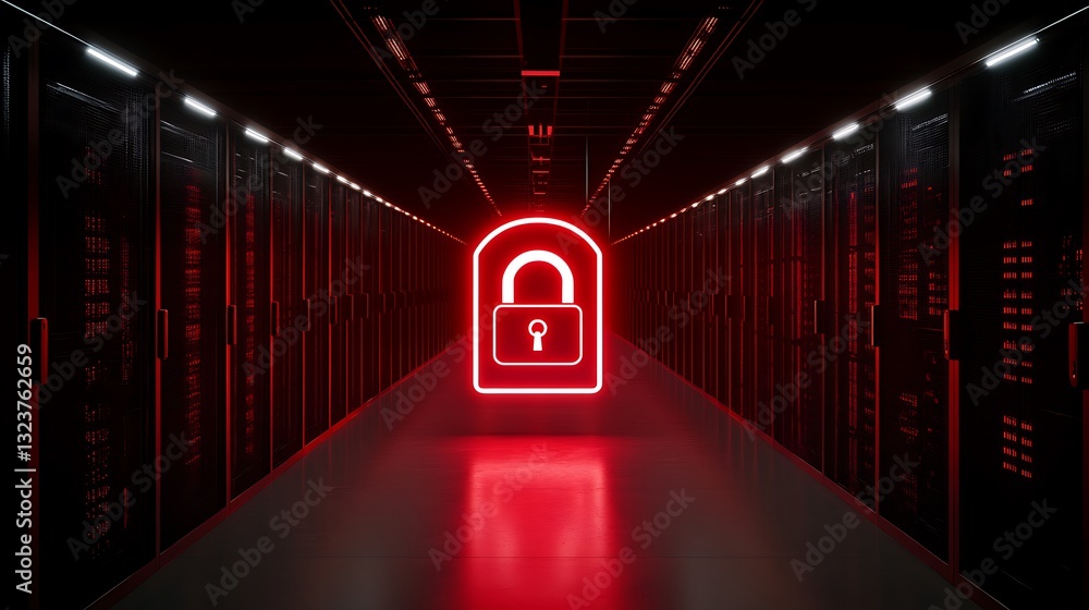 Poster futuristic digital data security concept with neon lock in data center corridor with dark server rac