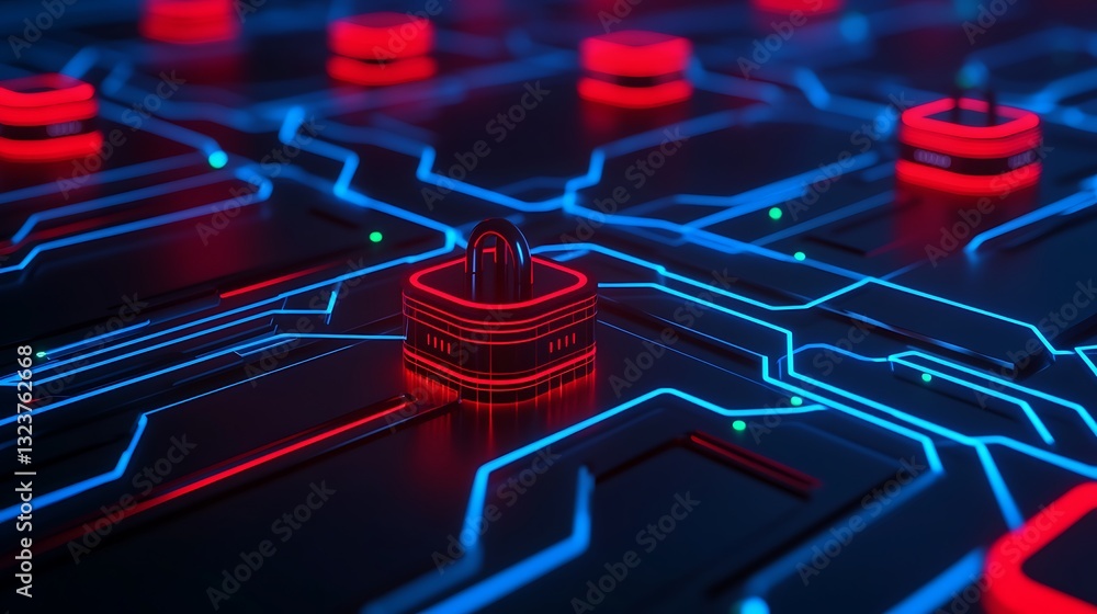 Poster futuristic digital circuit background with glowing red and blue lights and abstract technology eleme