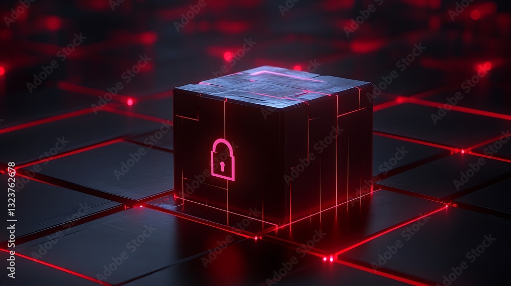 Poster futuristic digital concept of secure data storage with glowing lock symbol and red grid background