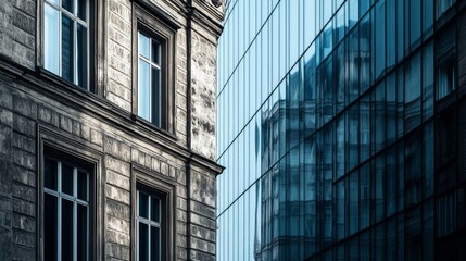 Classic stone architecture meets sleek glass skyscrapers, illustrating a vivid contrast between historical and contemporary styles.