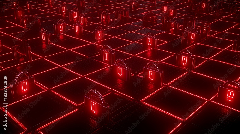 Poster futuristic digital landscape with red neon lock symbols and grid pattern representing cybersecurity 