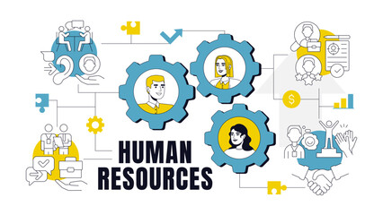 Fototapeta premium Human resources concept illustration. Recruitment process, hiring. Interview, resume. Employees, colleagues. Text banner with flat vector characters, colorful line icons. Visual communication