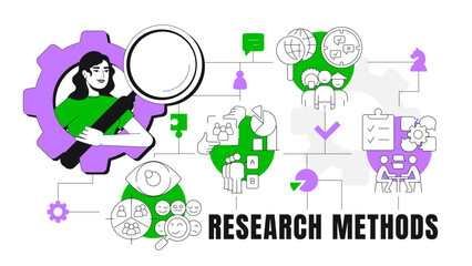 Research methods concept illustration. Satisfaction survey, sociology. Interview feedback. Ethnicity, communication. Text banner with flat vector character, colorful line icons. Visual communication