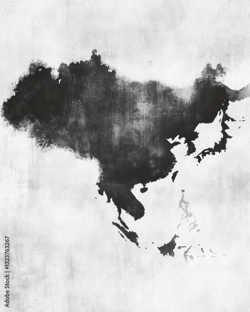 Poster monochrome map of asia featuring textured effect against a grey backdrop with a subtle visual focus 