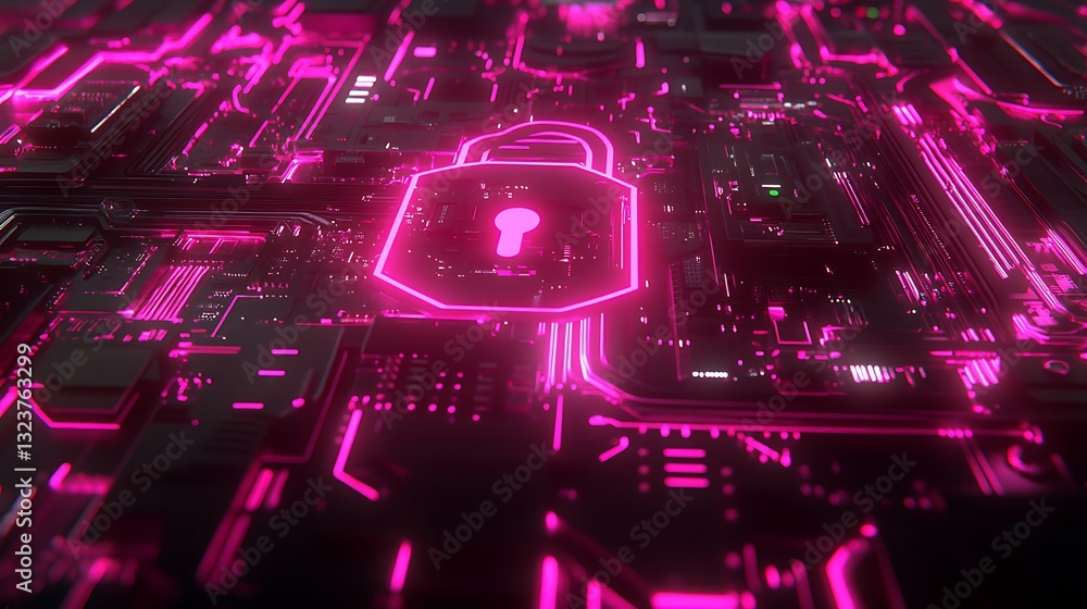 Poster futuristic digital lock on circuit board with neon pink glow and high-tech design elements for cyber