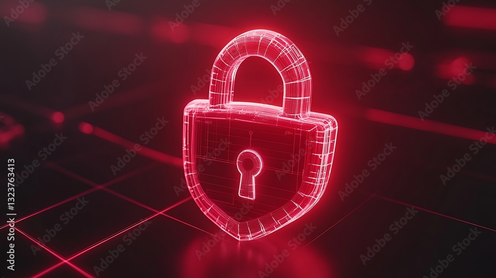 Poster futuristic digital lock symbol in neon red color with wireframe appearance and glowing effects