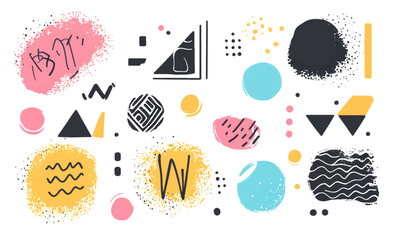 Grainy geometry shape vector set. Nineties grunge, colorful illustration, icon elements, paint splatter elements, design.