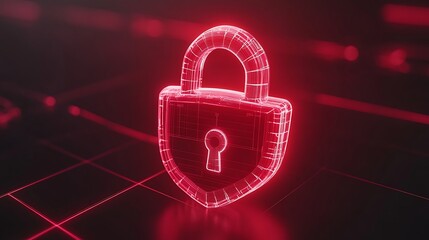 Futuristic Digital Lock Symbol in Neon Red Color with Wireframe Appearance and Glowing Effects