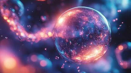 A vibrant bubble containing molecules, glowing softly in front of a DNA sequence in cool blue tones