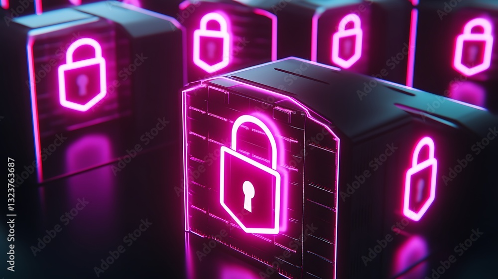 Poster futuristic digital locks with neon glow on cyber background for security and technology themes