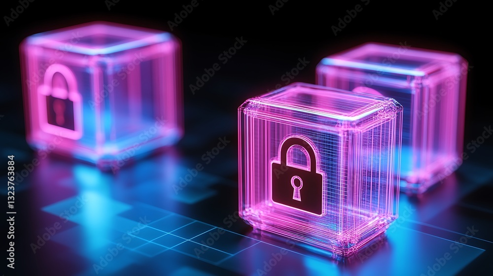 Poster futuristic digital security concept with neon transparent locks on blockchain technology background