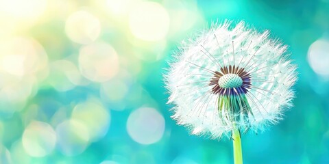 A dandelion is the main focus of this image, with a blue and green background