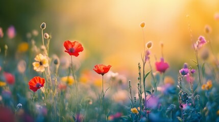 Fototapeta premium A serene meadow filled with vibrant wildflowers under a soft, glowing, golden sunset, embodying the tranquility and beauty of nature's palette.
