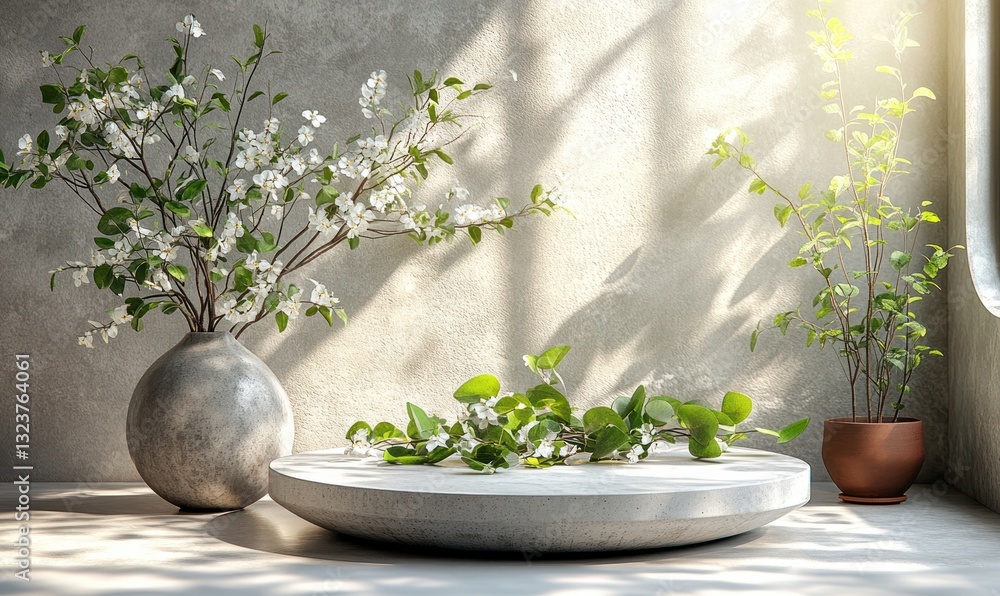 Poster minimalist product display podium with botanical elements on white textured surface