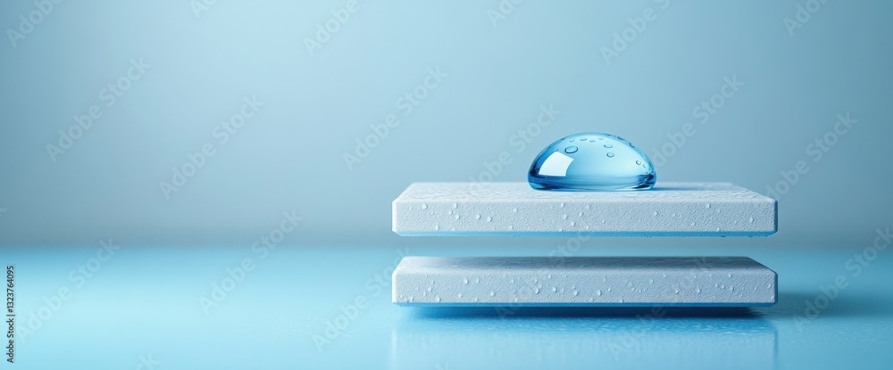 Poster 3d tiles with blue droplet logos on a table in minimalist design and soft lighting for web content m