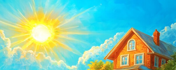 Naklejka premium A sunny day depicts a house with blue skies and clouds