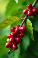 Vibrant red coffee cherries ready for picking on lush green branches, growth, abundant