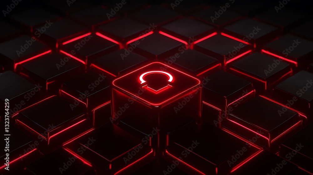 Aufkleber futuristic red glowing button on dark tiles with neon effect for digital technology concepts