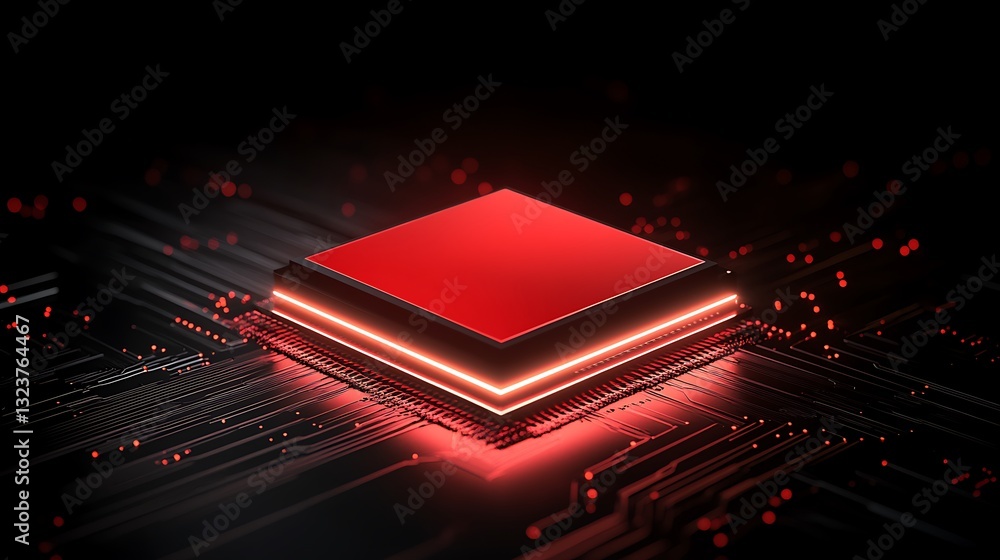 Poster futuristic red microchip on dark circuit board with glowing elements and abstract technology backgro