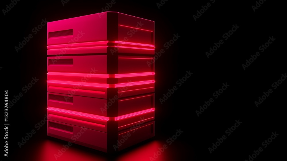 Poster futuristic storage box design with neon red lights in a dark environment for modern technology conce