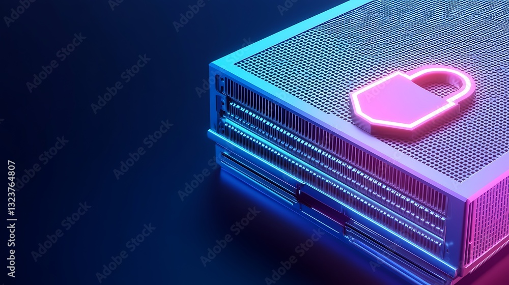 Poster futuristic server with neon lock symbol representing cybersecurity and data protection in digital en