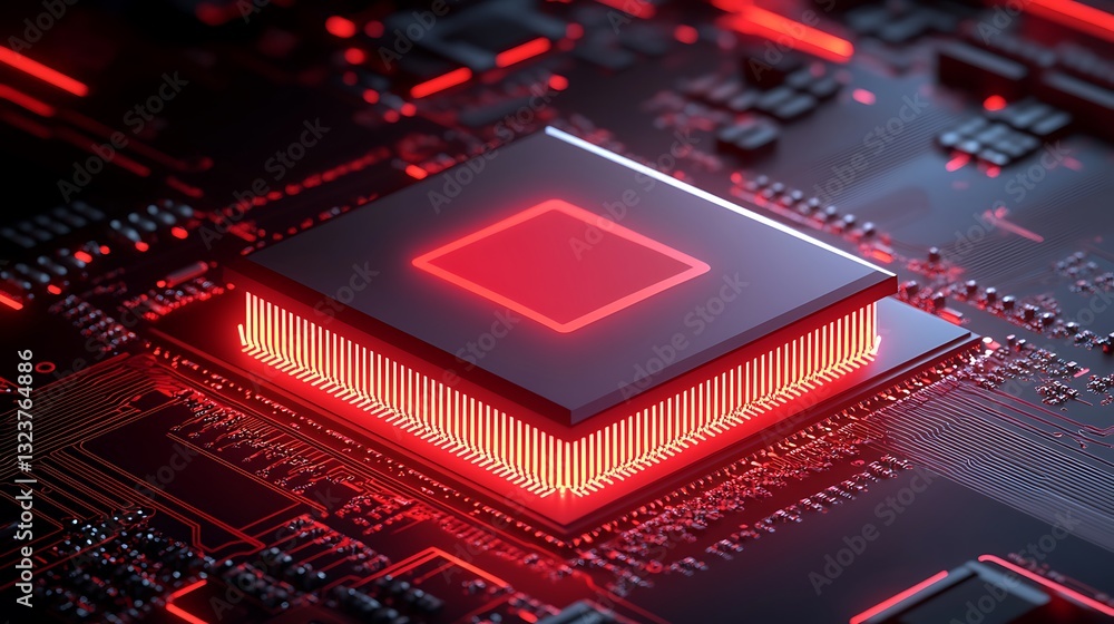 Poster futuristic technology concept with red circuit board and microchip in high detail for digital innova