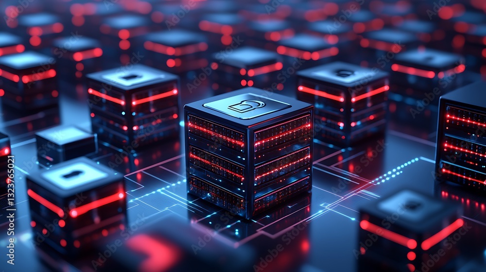Poster glowing data server blocks with red and blue lights in a futuristic digital environment