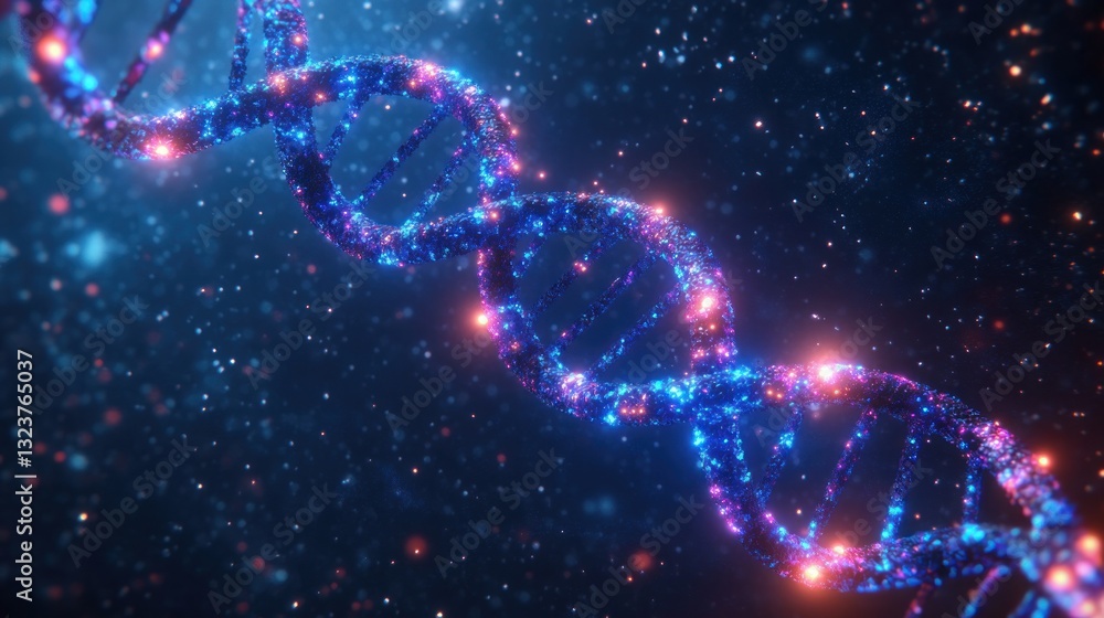 Poster illuminated dna strand in futuristic digital art style with vibrant neon lights and cosmic backgroun