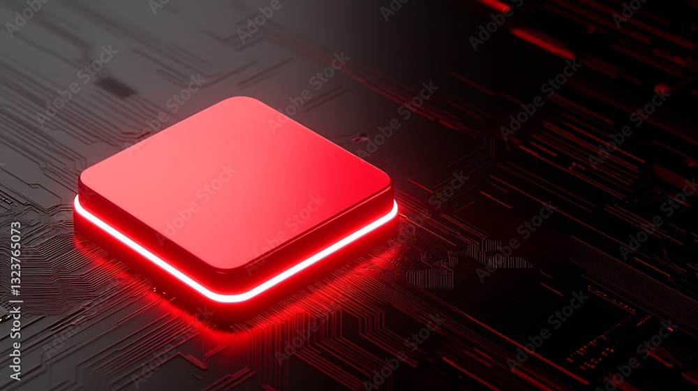 Poster glowing red microchip on dark circuit board with intricate patterns in a high-tech environment