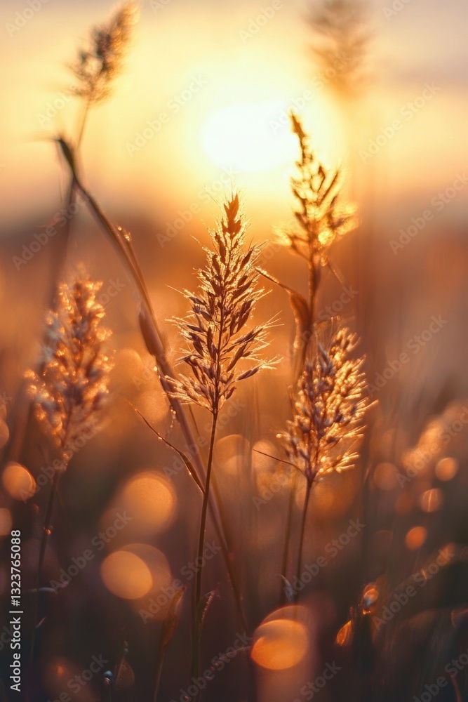 Poster dreamy grass field at golden hour with soft focus and bokeh effect