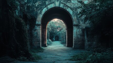 Obraz premium An enchanting stone archway leads to a shadowy forest path, inviting curiosity and a sense of mystical adventure.
