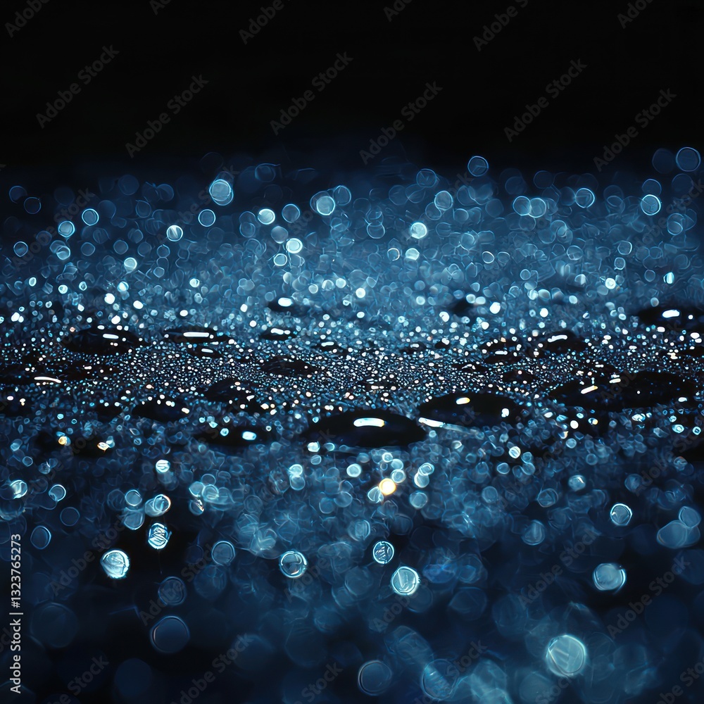 Poster blue water droplets on a reflective surface with soft bokeh background