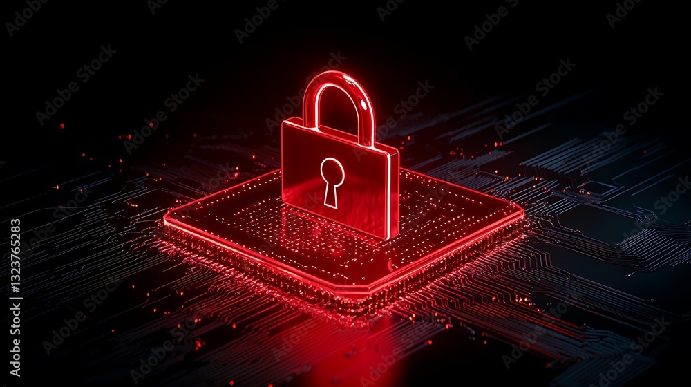 Poster glowing red padlock on a circuit board background representing digital security and data protection 