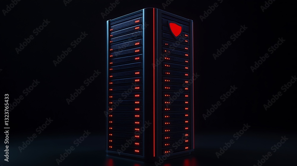 Poster High-Performance Server Tower with LED Lights in Dark Environment for Technology and Data Center Concepts