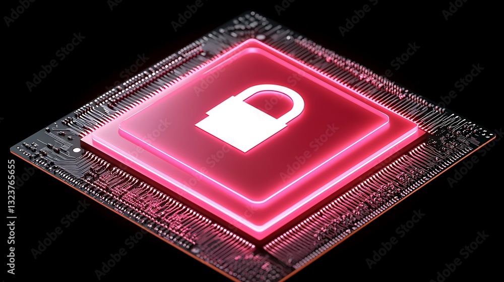 Poster high-tech processor with glowing digital padlock symbol illustrating data security and technology pr