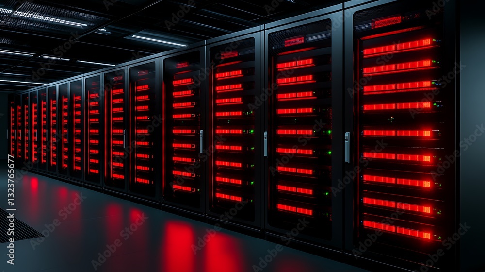 Poster high-tech server room with illuminated red lights and sleek black racks in modern data center enviro