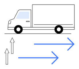 Delivery truck moving horizontally while arrows represent forward and upward forces acting on it. Ideal for logistics, transport, shipping, motion, physics, delivery concepts, flat simple metaphor