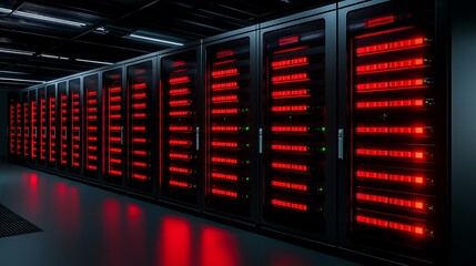High-Tech Server Room with Illuminated Red Lights and Sleek Black Racks in Modern Data Center Environment