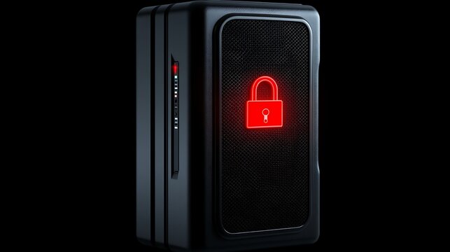 High-tech Secure Server with Red Lock Indicator in a Dark Environment for Cybersecurity Concept